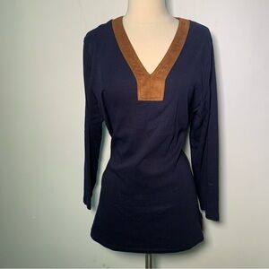 LAUREN Ralph Lauren NWT Navy and Brown V-Neck faux suede trim Womens Top size XL